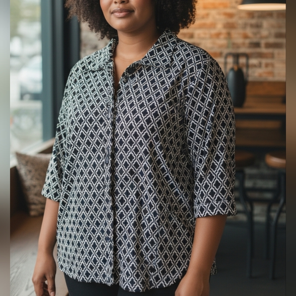 ALI MILES | Artsy Reversilbe Black White Geometric Button Down Swing Jacket‎ | L